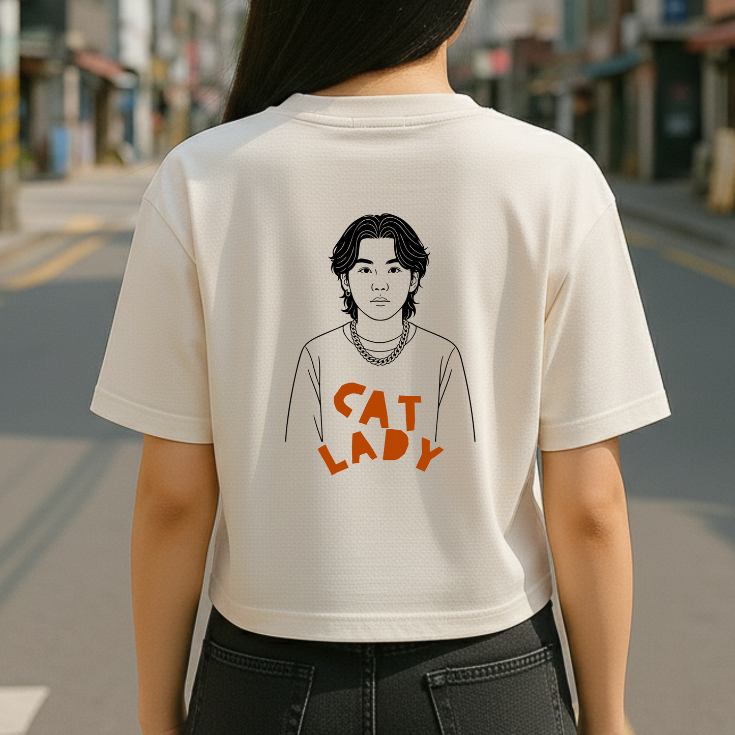 Cat Lady Suga Bias Boxy Crop Tee, Front/Back Design